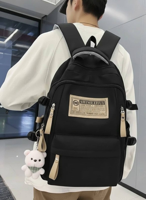 Classic Black Aesthetic Large Capacity Backpack with Cute Doll