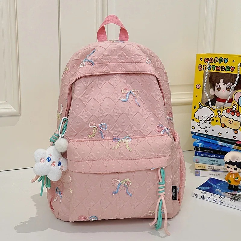 Embroidered Bow Pink Nylon Backpack – Stylish School Bag for Girls