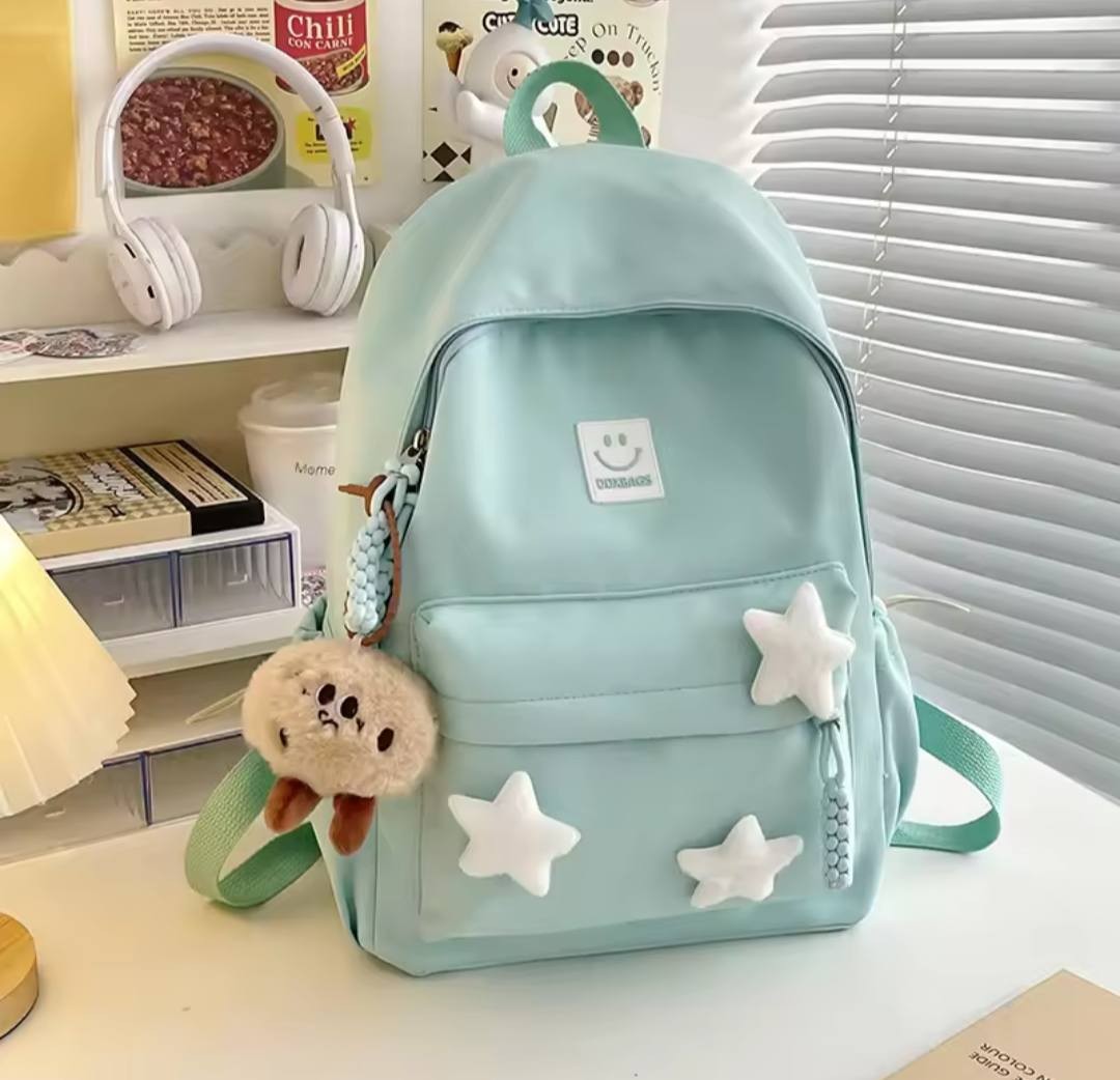 Kawaii Cute Sky Blue Backpack with Plush Keychain – Stylish School Bag