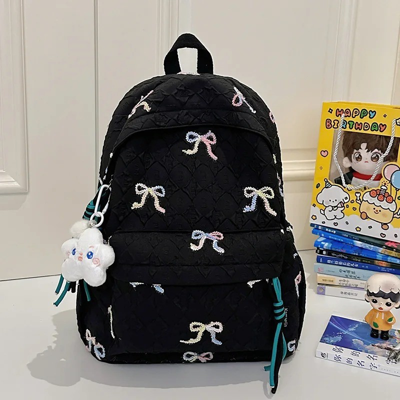 Embroidered Bow Pink Nylon Backpack – Stylish School Bag for Girls