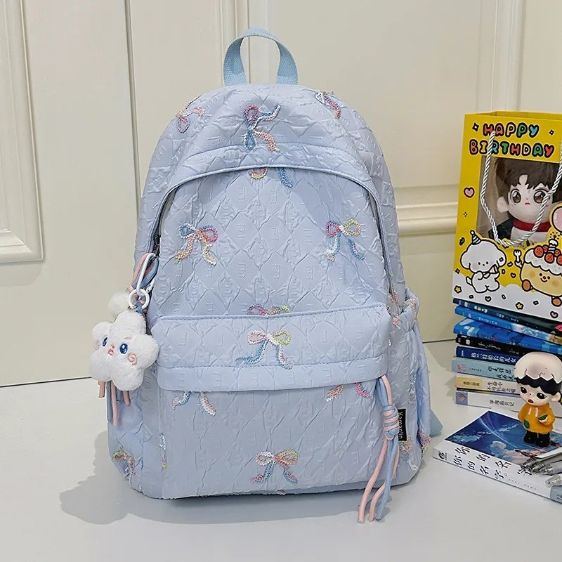 Embroidered Bow Blue Nylon Backpack – Lightweight School & College Bag